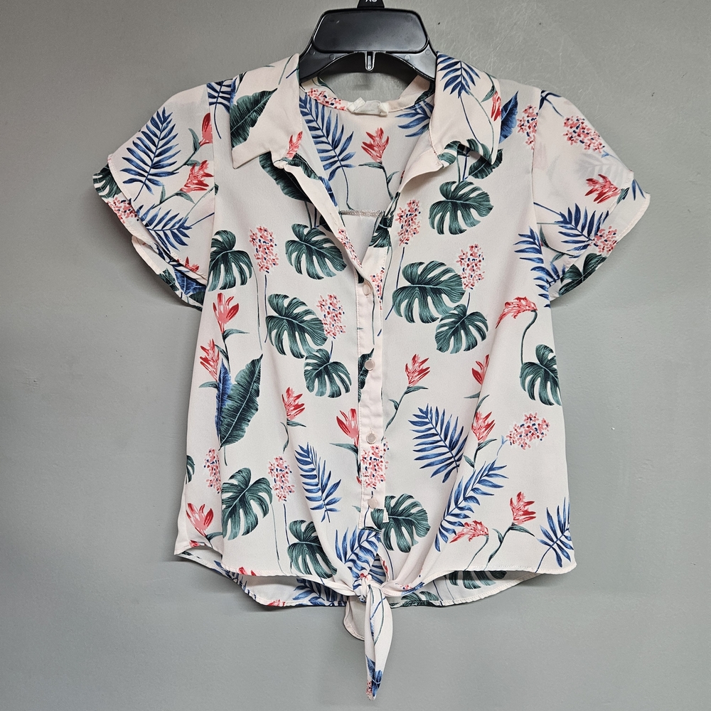 Sienna Sky Women's Xsmall Short Sleeve Shirt Tropical Floral Button-Down Crop